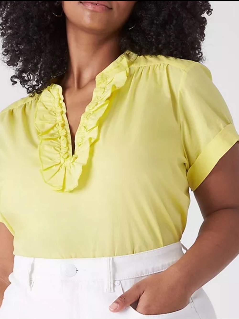 Lane Bryant Ruffle Notched Neck Blouse Top Women’s 26 28 100% Cotton yellow